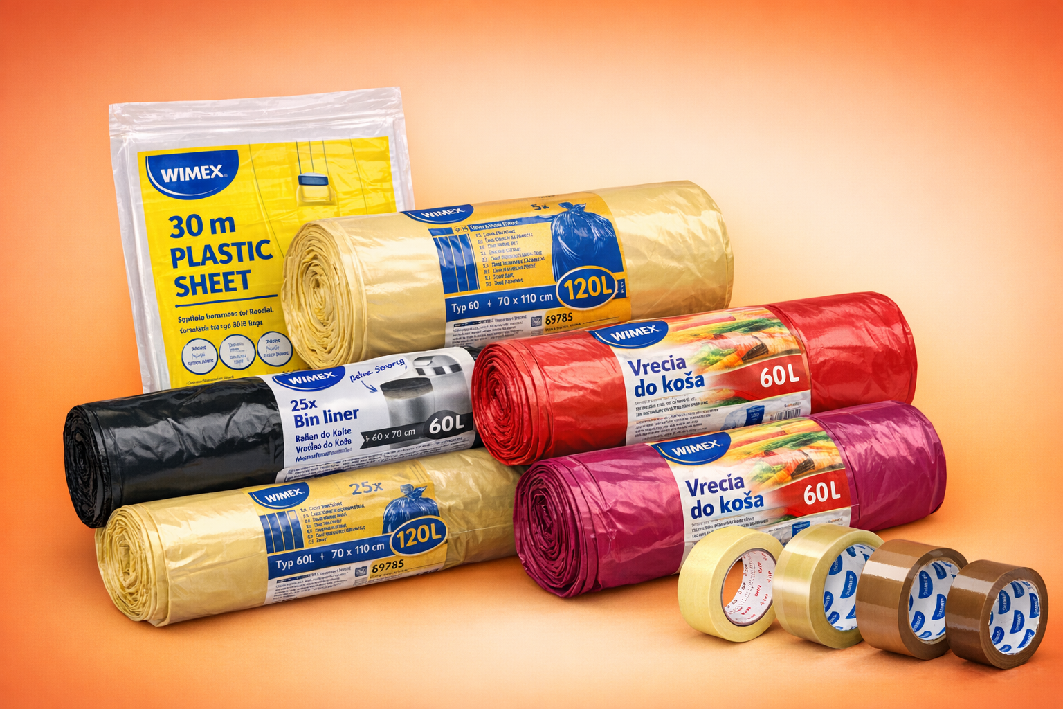 Lepiace pásky , fólie, odpadové vrecia